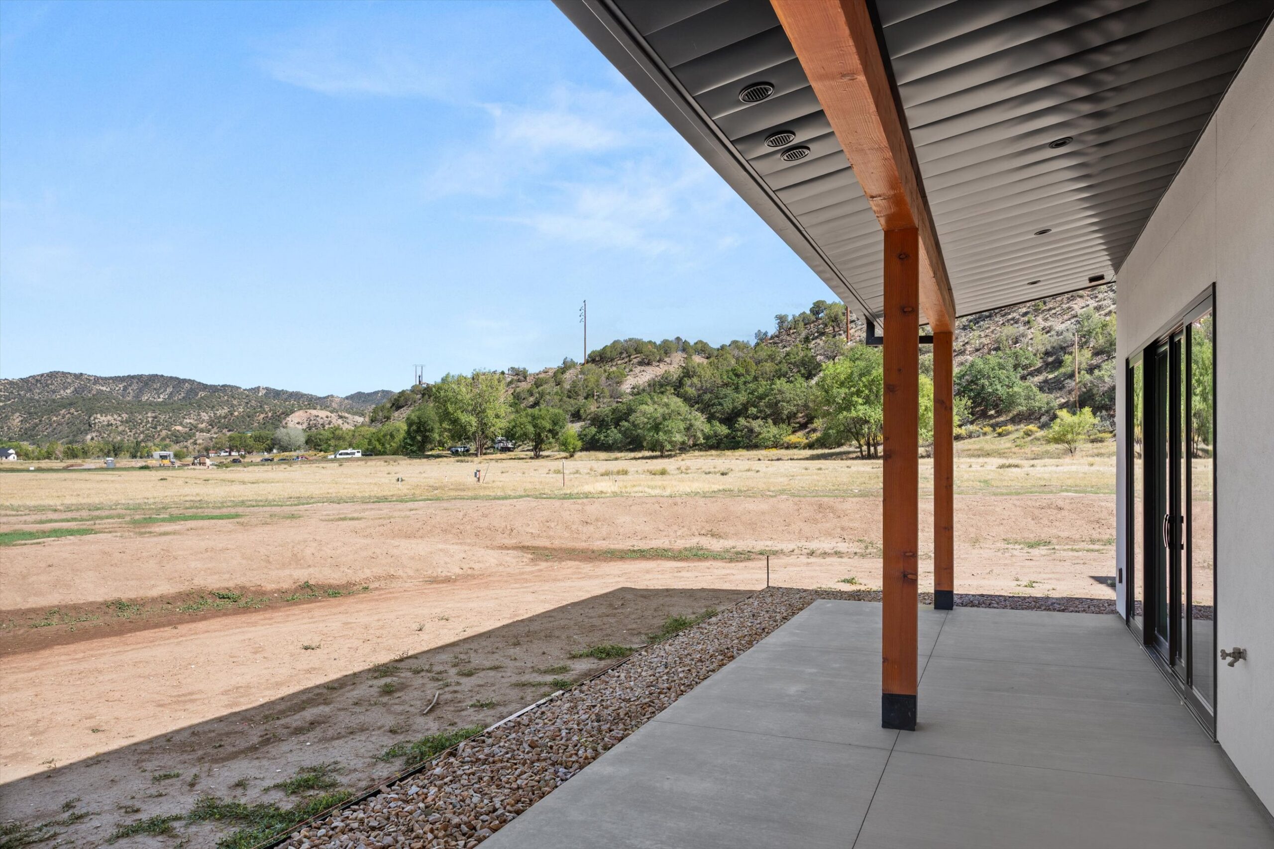 Patio view with sliding door and mountains