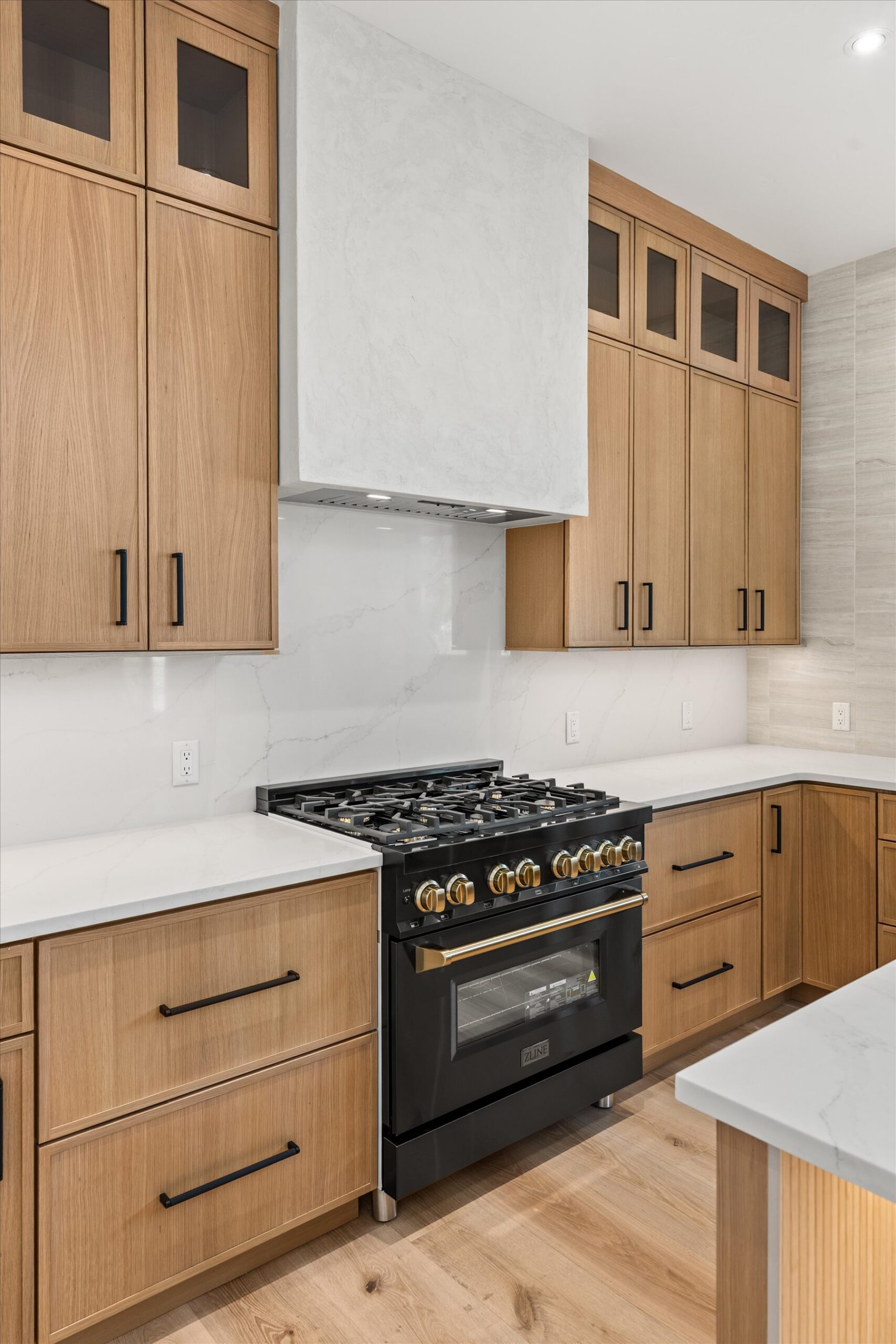 Gas range and hood close-up