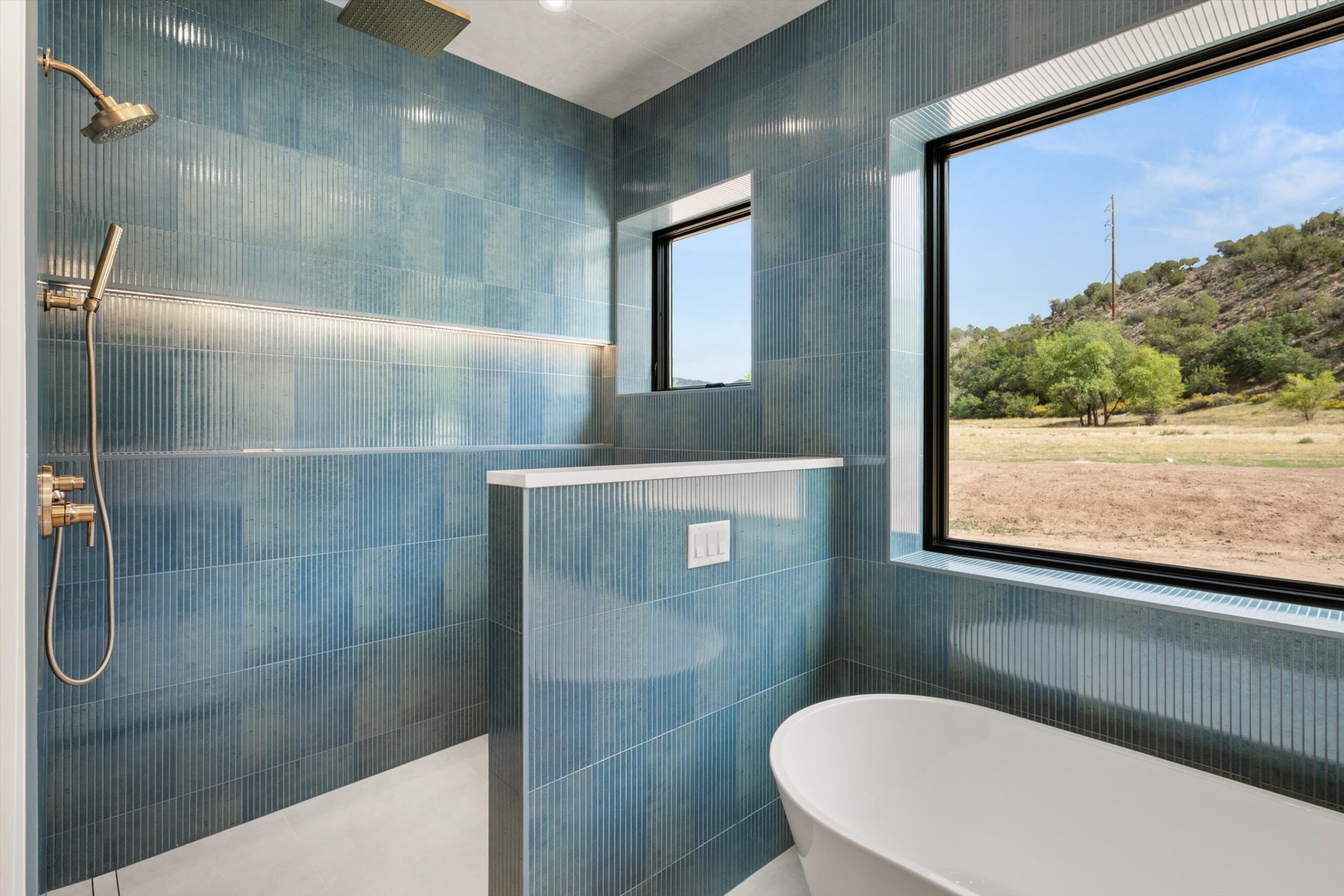 Walk-in shower with mountain-view window