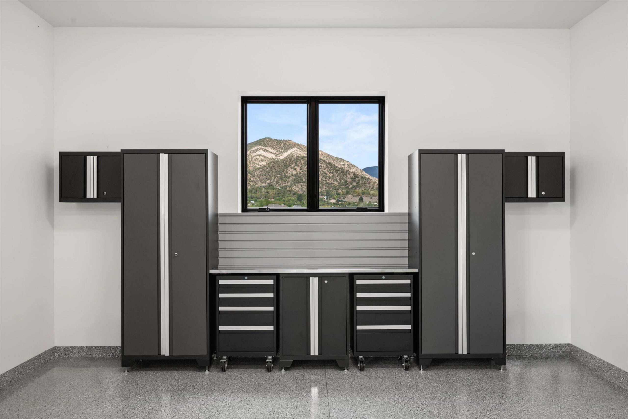 Garage storage cabinets and workbench system